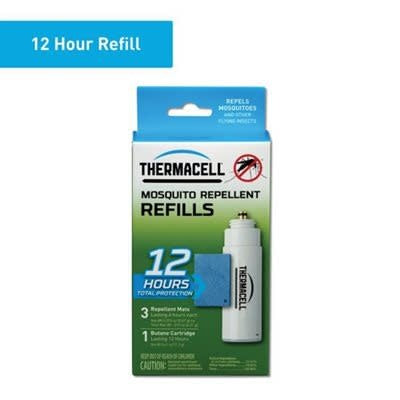 Thermacell device with 12-hour refill cartridges and pads for effective mosquito repellent.