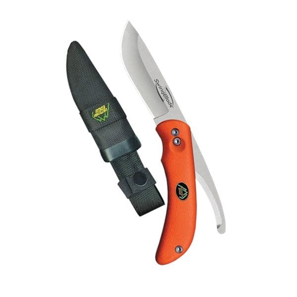Outdoor Edge SwingBlade knife featuring a dual blade design for versatile cutting, showcasing its sleek handle and durable construction against a natural outdoor backdrop.