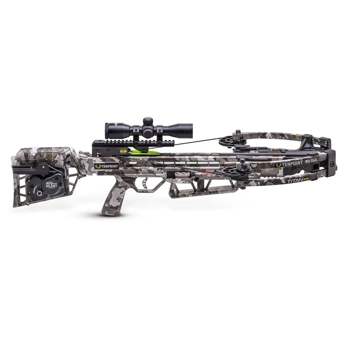 Tenpoint Titan 400 Crossbow with Acudraw Silent feature, showcasing its sleek design and advanced technology for optimal performance in hunting.