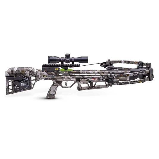 Tenpoint Titan 400 Crossbow with Acudraw Silent feature, showcasing its sleek design and advanced technology for optimal performance in hunting.