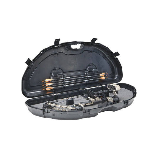 Plano Plus archery case 1110, featuring a durable design with ample storage for bows and accessories, showcasing its sleek exterior and secure closure.