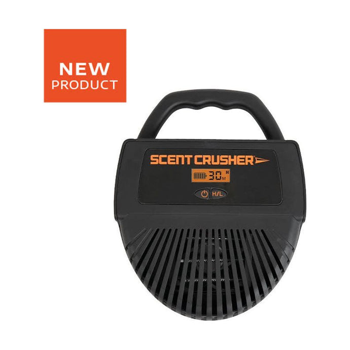 Scent Crusher Plus ozone generator for camping, designed to eliminate odors and purify the air.