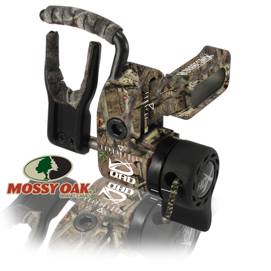 QAD UltraRest HDX arrow rest in Mossy Oak camouflage, showcasing its sleek design and advanced features for archery enthusiasts.