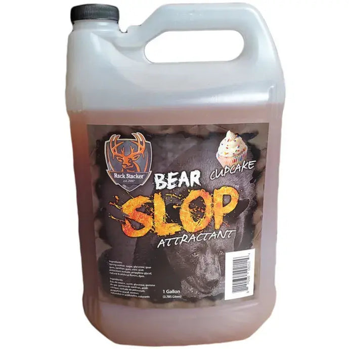 Rack Stacker Bear Attractant Slop in Cupcake flavor, 3.785 liters, designed to attract bears for wildlife observation or hunting.