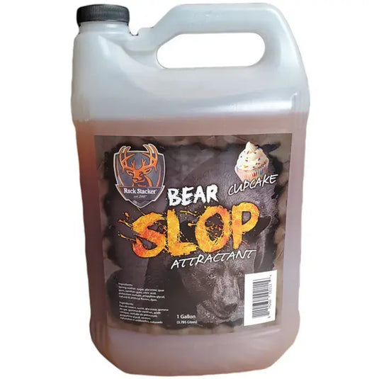 Rack Stacker Bear Attractant Slop in Cupcake flavor, 3.785 liters, designed to attract bears for wildlife observation or hunting.
