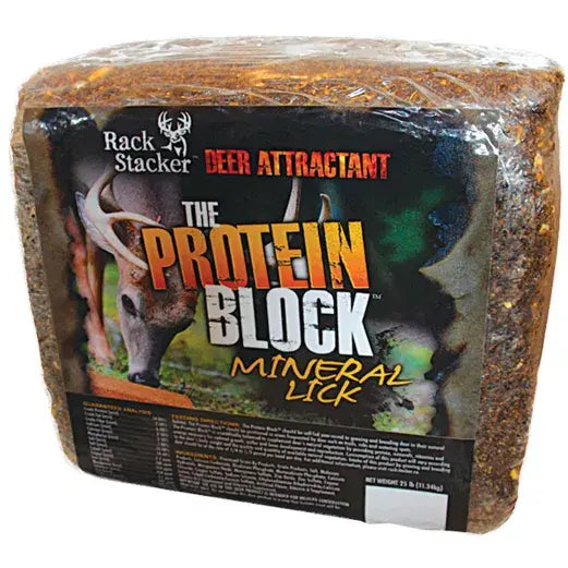 Rack Stacker Plus Attractant for Deer Protein Block, 25 lb package, featuring a high-quality protein supplement designed to attract and nourish deer.
