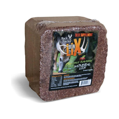 Rack Stacker and Bloc Deer Lix 25 lb deer feed bags stacked together, showcasing their packaging and branding.