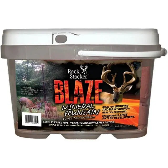Rack Stacker and Mineral Fountain Blaze 10 lb pail displayed together, showcasing premium livestock feed products designed for optimal animal health and performance.