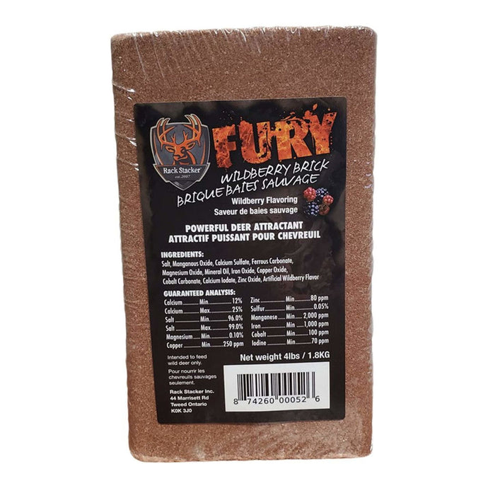Rack Stacker Fury Hunting Powerful Deer Attractant Brick in Wildberry flavor, 1.8 kg package, designed to attract deer for hunting.
