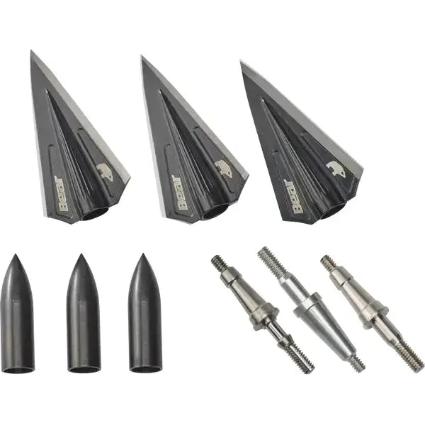 Bear Archery bow with Razorhead single bevel broadhead kit, showcasing precision hunting equipment for archery enthusiasts.