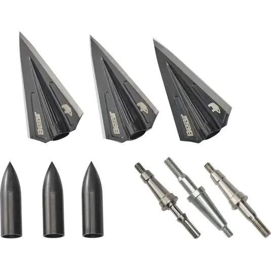 Bear Archery bow with Razorhead single bevel broadhead kit, showcasing precision hunting equipment for archery enthusiasts.