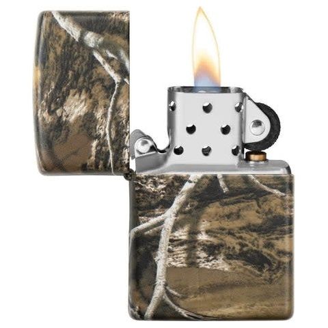 Windproof Zippo lighter featuring Realtree Edge camouflage design, ideal for outdoor use.