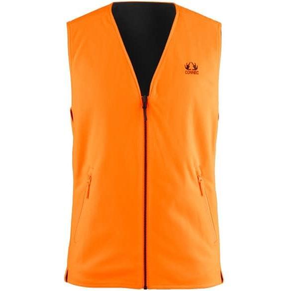 Load image into Gallery viewer, Connec Outdoor Plus Reversible Blaze Vest displayed in a natural outdoor setting, showcasing its vibrant orange blaze color on one side and a muted, versatile color on the reverse side, highlighting its functionality and style for outdoor activities.
