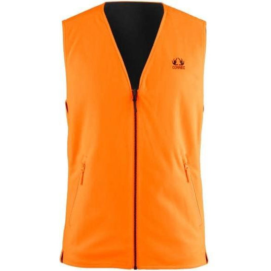 Connec Outdoor Plus Reversible Blaze Vest displayed in a natural outdoor setting, showcasing its vibrant orange blaze color on one side and a muted, versatile color on the reverse side, highlighting its functionality and style for outdoor activities.