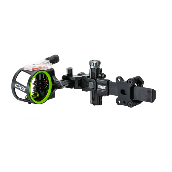 Close-up of a CBE Mire CX5 .019 sight mounted on a compound bow, showcasing its precision engineering and adjustable features for archery enthusiasts.
