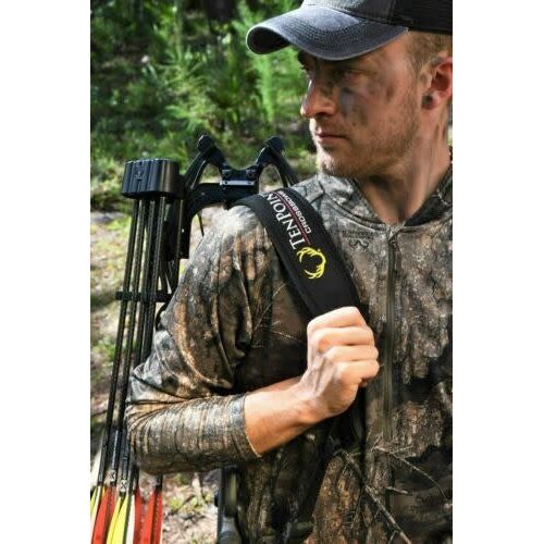 Tenpoint neoprene crossbow sling for enhanced comfort and support during hunting.