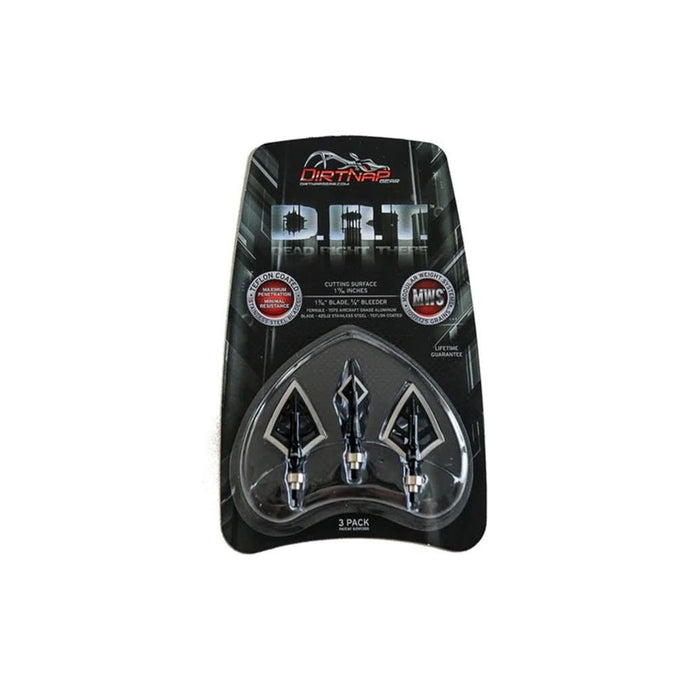 Three D.R.T. and D.R.T. Noir hunting broadheads, weighing 100-125 grains, displayed together, showcasing their sharp points and sleek design for optimal performance in archery.