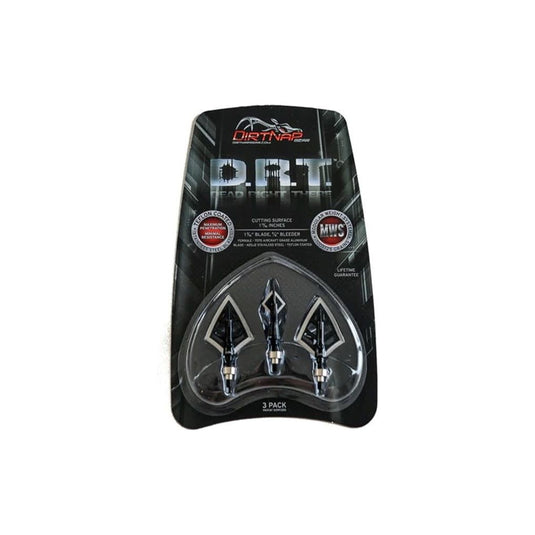 Three D.R.T. and D.R.T. Noir hunting broadheads, weighing 100-125 grains, displayed together, showcasing their sharp points and sleek design for optimal performance in archery.