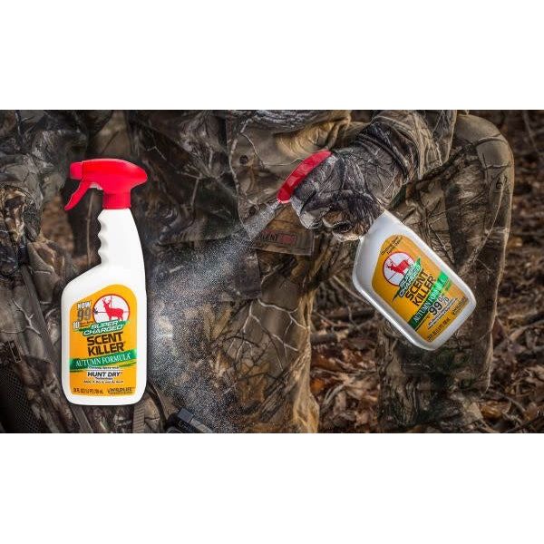 Wildlife Research Center scent killer autumn formula spray bottle against a backdrop of fall foliage, showcasing its effectiveness in eliminating odors for outdoor enthusiasts.