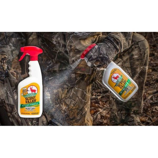 Wildlife Research Center scent killer autumn formula spray bottle against a backdrop of fall foliage, showcasing its effectiveness in eliminating odors for outdoor enthusiasts.