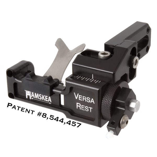 Left-handed Hamskea Plus Arrow Rest with Limb Clamp Assembly in Black, showcasing precision engineering and sleek design.