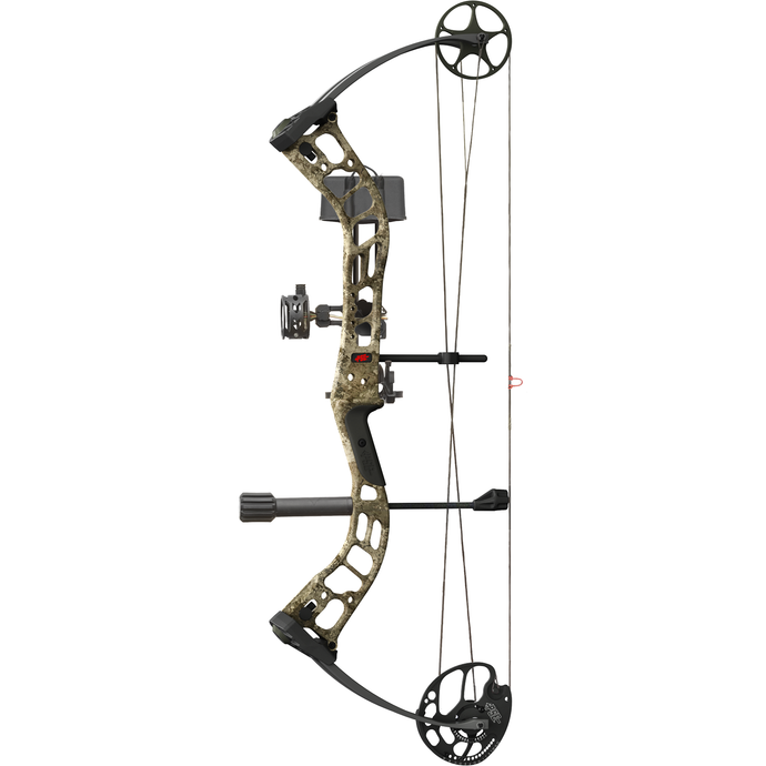 Image of a PSE Plus compound bow equipped with a Stinger ATK sight, featuring a Gaucher grip, 70-pound draw weight, and adorned with Truetimber Strata camo pattern.