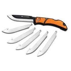 Outdoor Edge Razor-Lite folding knife with a sleek design, featuring a replaceable blade system, set against a natural outdoor backdrop.