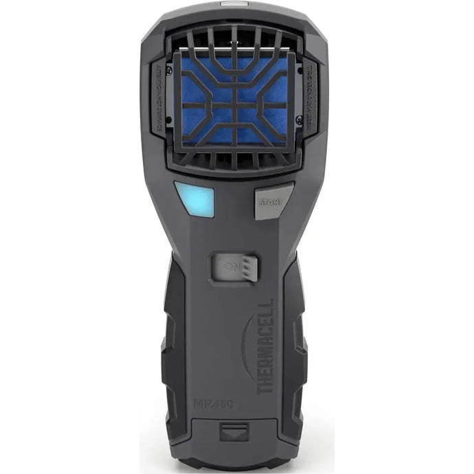 Thermacell MR450 mosquito repellent device in a natural outdoor setting, showcasing its portable design and effective insect protection.