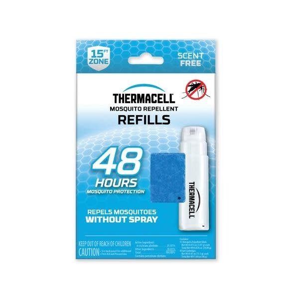 Thermacell Plus Recharge 48 Hours Kit featuring 12 mats and 4 butane cartridges for effective mosquito repellent.