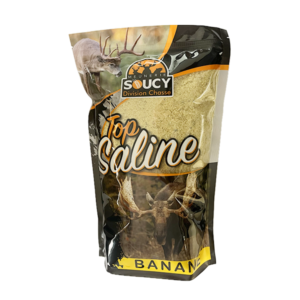 2 kg package of Meunerie Soucy flour alongside a Top Saline banana-flavored product, showcasing a vibrant and inviting kitchen setting.