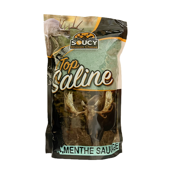 2kg package of TOP SALINE MENTHE SAUVAGE by Meunerie Soucy, featuring vibrant green wild mint leaves and a rustic design.
