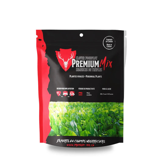 Premium-Mix featuring a vibrant blend of clover varieties, showcasing lush green foliage and delicate white and purple flowers, ideal for enhancing biodiversity and providing forage for pollinators.