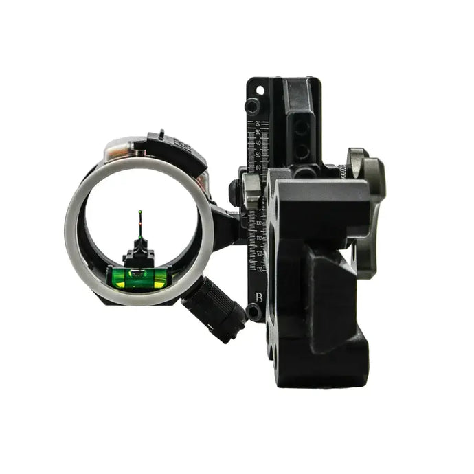 Close-up of a CBE Plus Mire Trek Pro Micro 3V .019 bow sight, showcasing its precision engineering and adjustable features, mounted on a compound bow in a natural outdoor setting.
