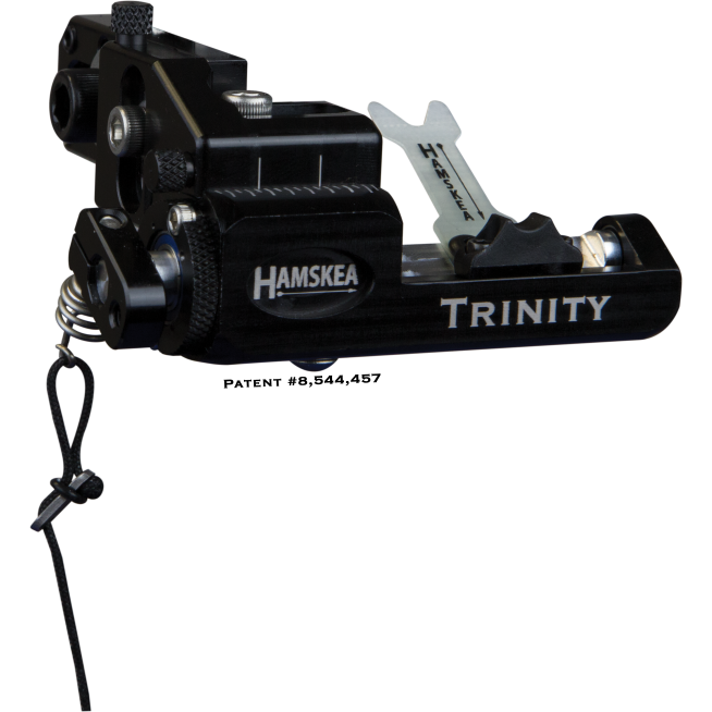 Left-handed Hamskea Plus arrow rest with Trinity Target Pro design in black, showcasing precision engineering for archery enthusiasts.