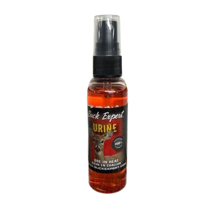 60ml bottle of Buck Expert Plus Urine for deer, featuring a doe in heat scent, designed to attract bucks during hunting season.