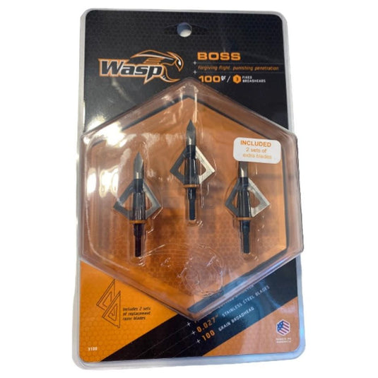 Wasp plus Boss broadheads, 3 fixed wide blade points, 100 grains, 1 1/8