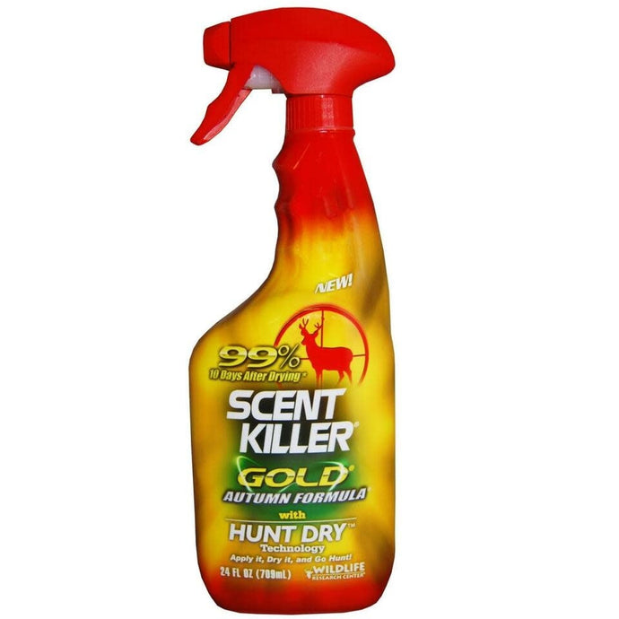 Wildlife Research Center Scent Killer Gold Spray bottle against a natural outdoor backdrop, showcasing its effectiveness in eliminating odors for wildlife enthusiasts and hunters.
