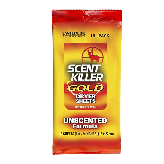 Wildlife Research Center logo alongside a pack of Scent Killer Gold dryer sheets, emphasizing wildlife conservation and scent elimination for outdoor enthusiasts.